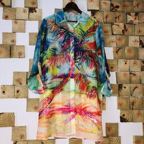 LEOMA LOVEGROVE Women’s Size Small Sunset Palms Beach Vacation Button Blouse - Picture 1 of 10